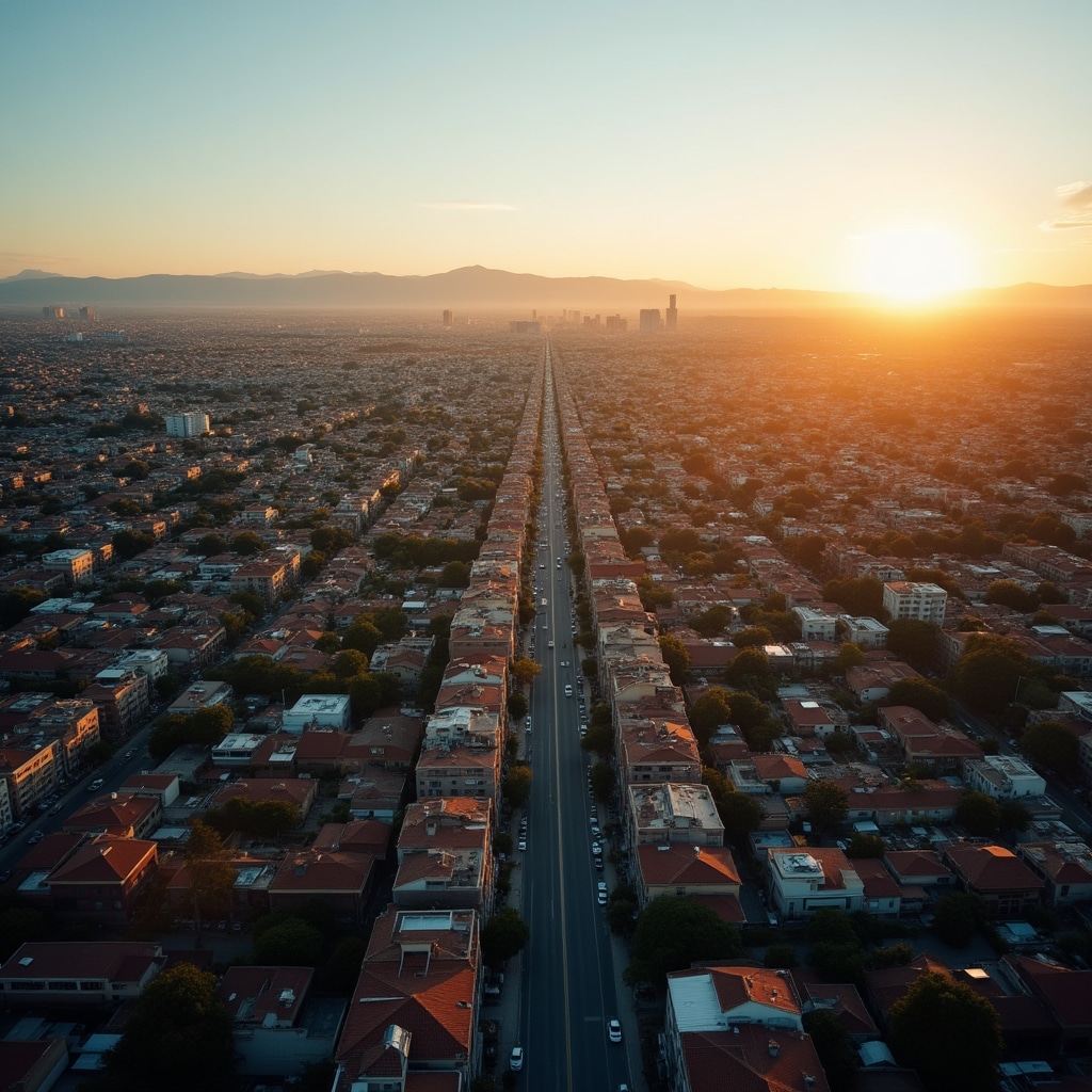 Aerial view of a mid-size Argentine city with residential and commercial buildings
