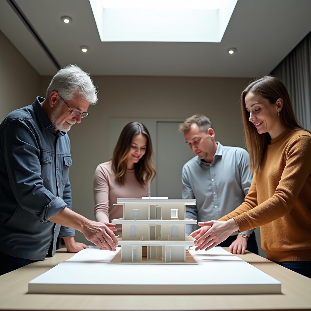 Conceptual image showing multiple people contributing to a shared building project represented by architectural model on a table