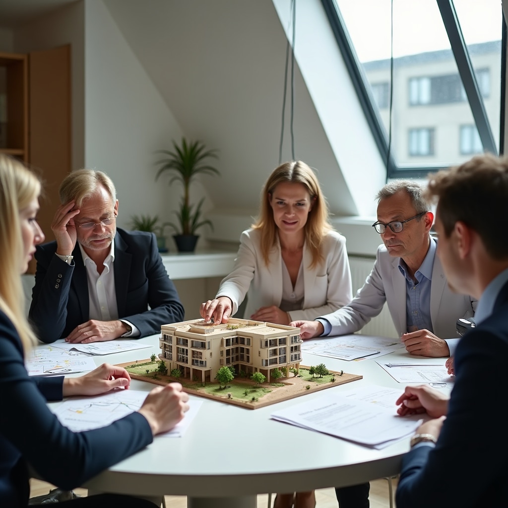 Group of professionals in a workshop setting discussing collective real estate financing models with presentation materials
