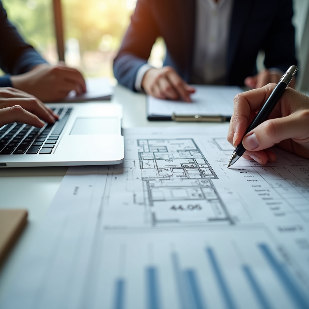 Close-up of hands reviewing financial documents and property floor plans on a desk with a laptop showing spreadsheet data