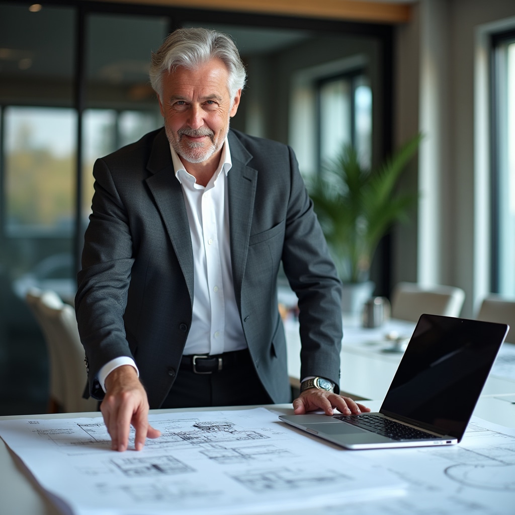 Senior professional analyzing a real estate development project with architectural plans and financial spreadsheets on a large table