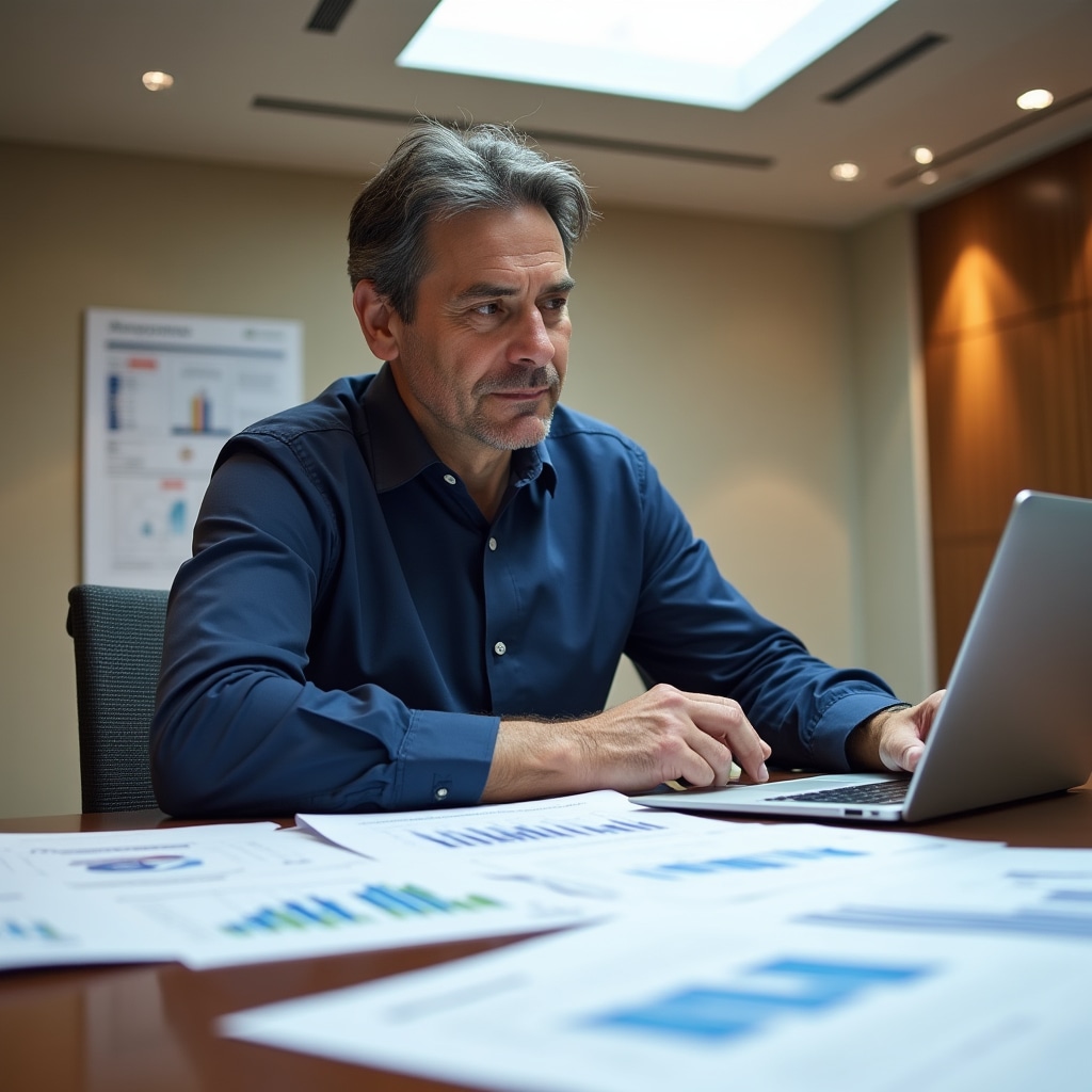 Financial analyst reviewing regional Argentine property market data on a desk with charts and documents