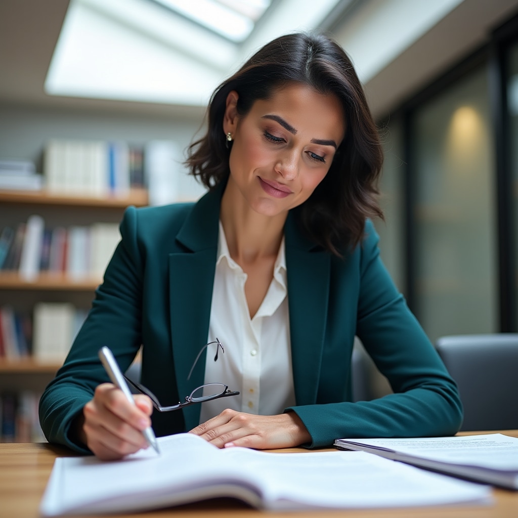 Educational director, woman in her early 50s with professional attire, reviewing course materials at a modern desk