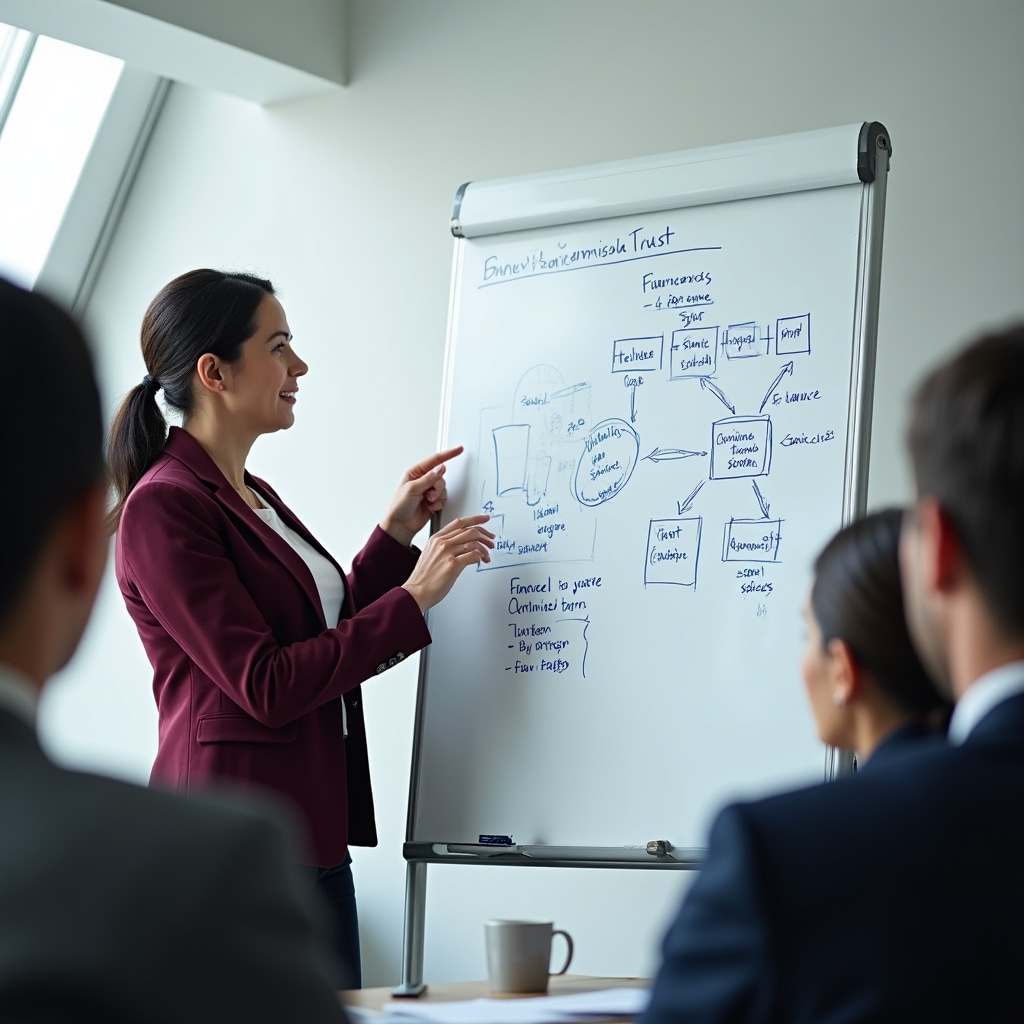 Finance instructor, woman in her mid-40s with elegant professional attire, presenting at a whiteboard with financial diagrams