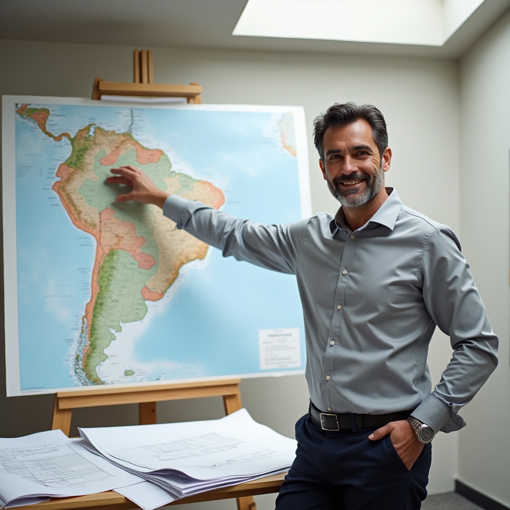 Real estate specialist, man in his late 40s with business casual attire, standing in front of architectural drawings in an office